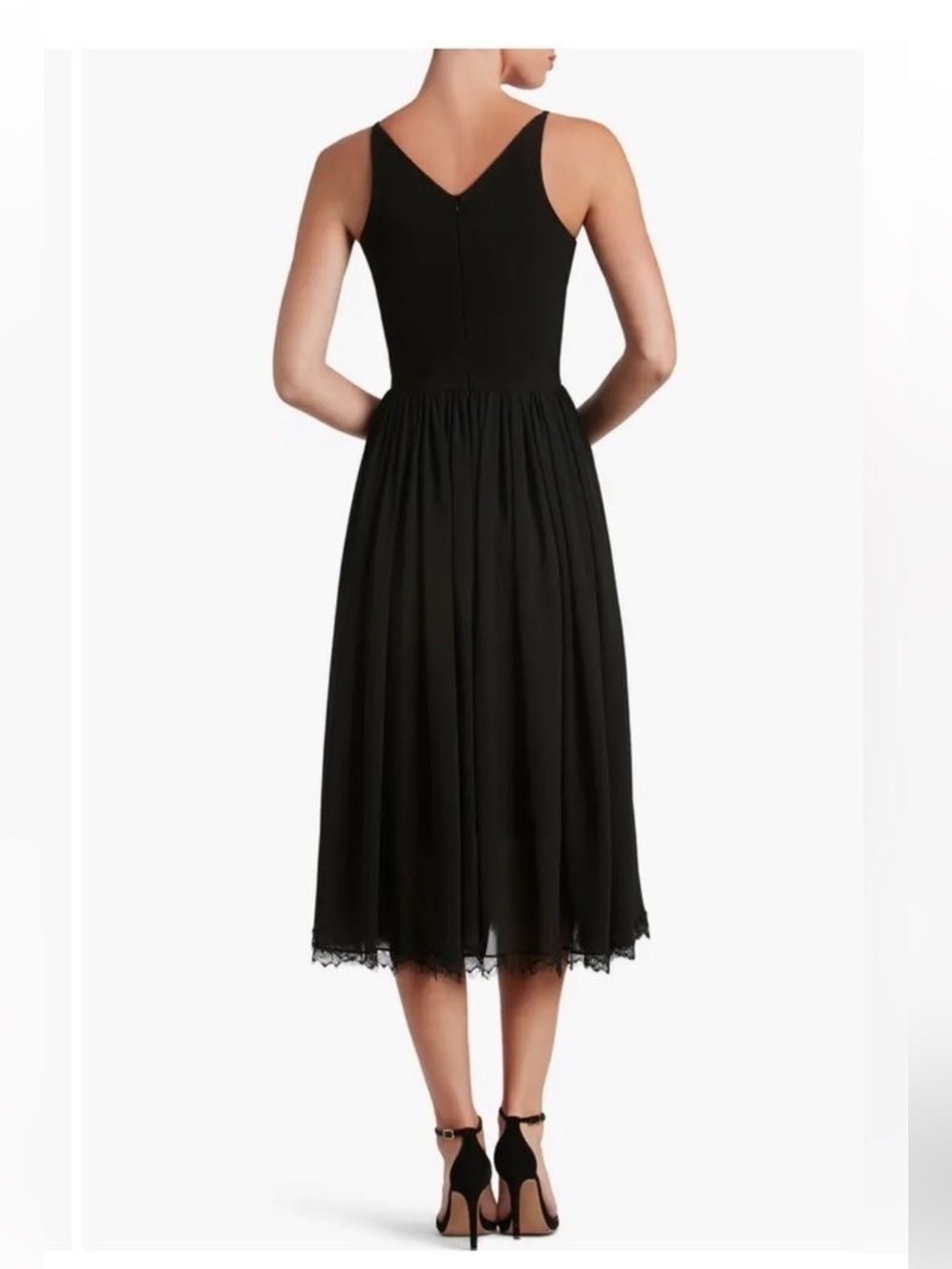 Dress the Population Alicia Dress Black Chiffon Midi Twirl V-Neck Size S - Picture 6 of 15